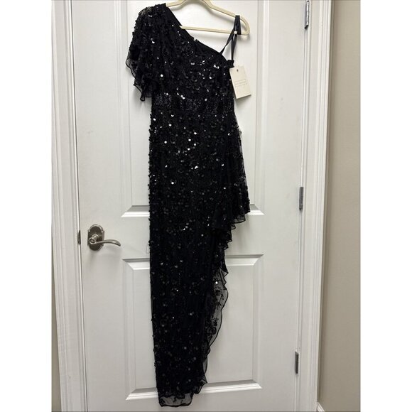 Mac Duggal Size 6 Black 93687 One Shoulder Beaded Asymmetrical Hem Gown Dress - Picture 4 of 10
